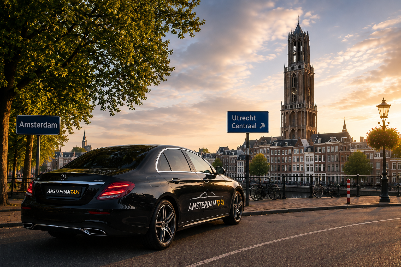Taxi Amsterdam naar Utrecht Centraal met zwarte sedan