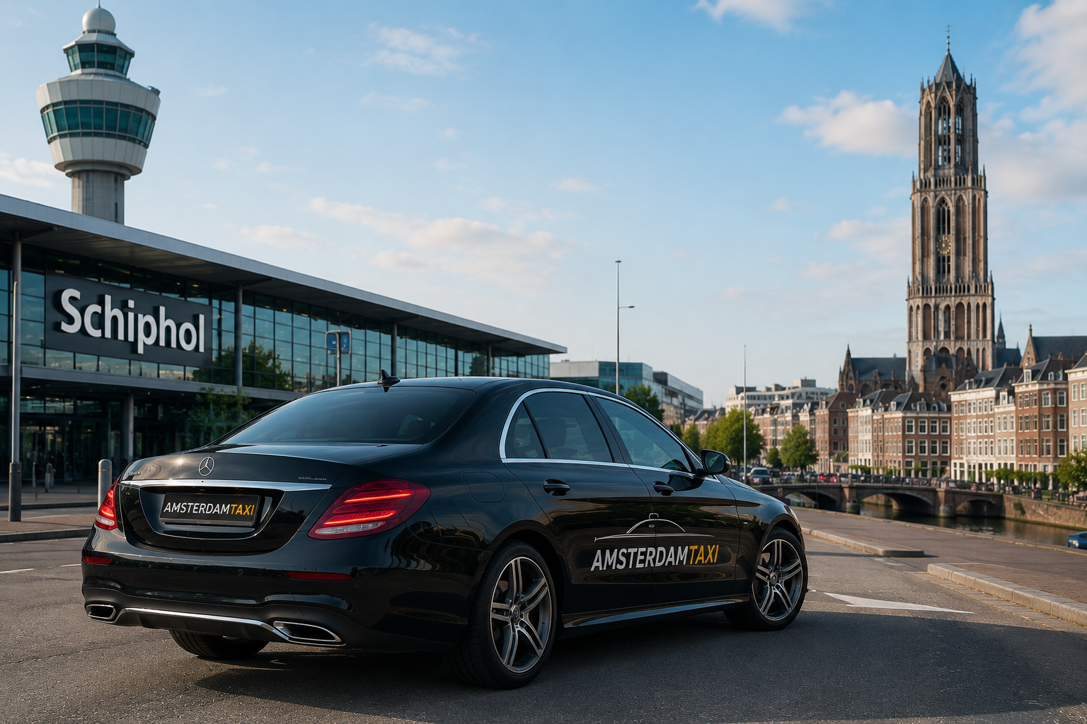 Taxi Amsterdam naar Utrecht met zwarte sedan bij Schiphol en Utrecht