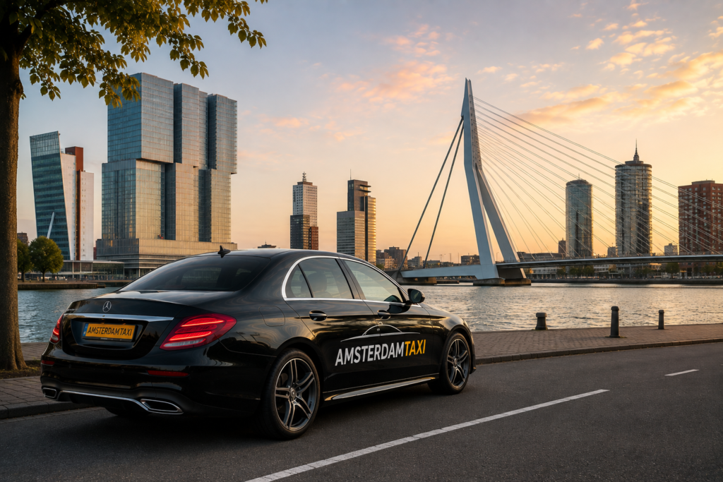 Taxi Amsterdam naar Rotterdam met zwarte sedan in Rotterdam