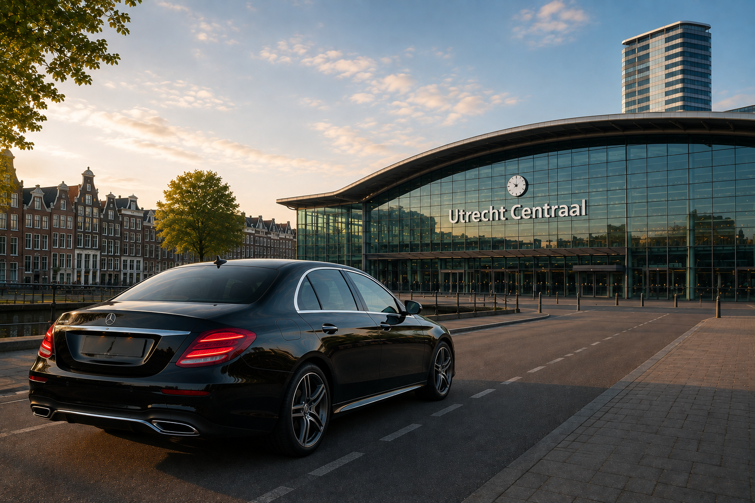 Taxi Amsterdam naar Utrecht Centraal met zwarte sedan bij Utrecht Centraal